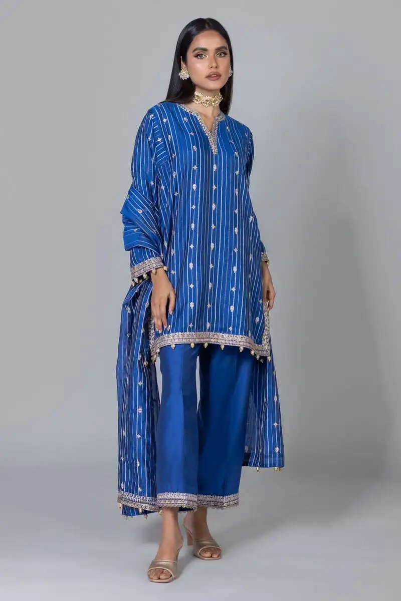 3 Piece Kurta Embroidered | Dupatta& Bottom & Tops | Color Navy blue