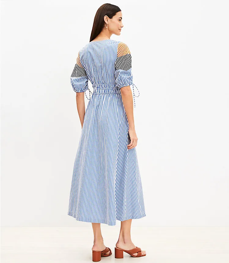 Striped Tie Puff Sleeve Midi Dress