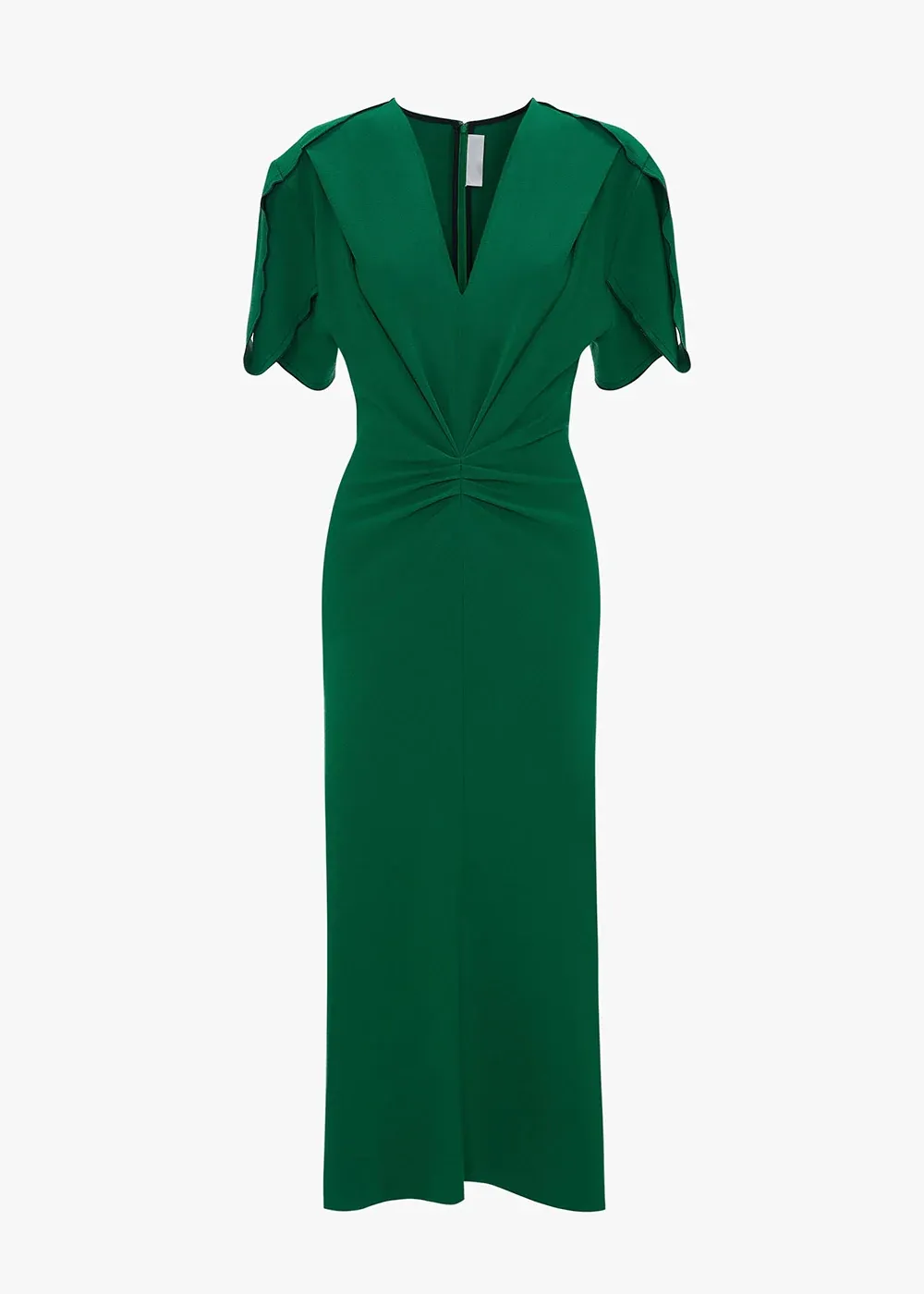 Gathered Waist V-Neck Solid Midi Dress