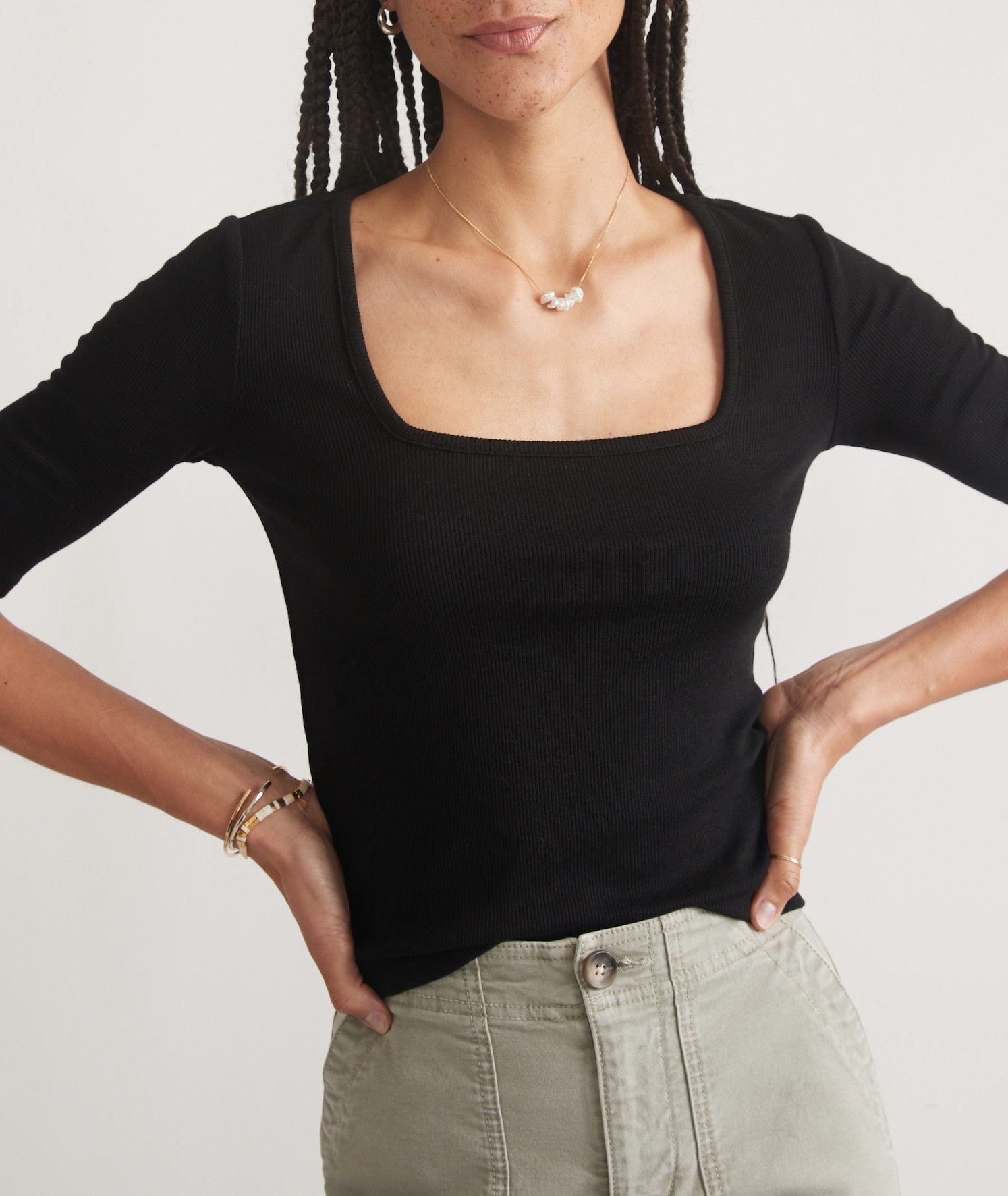 Black Rib Square Neck Top