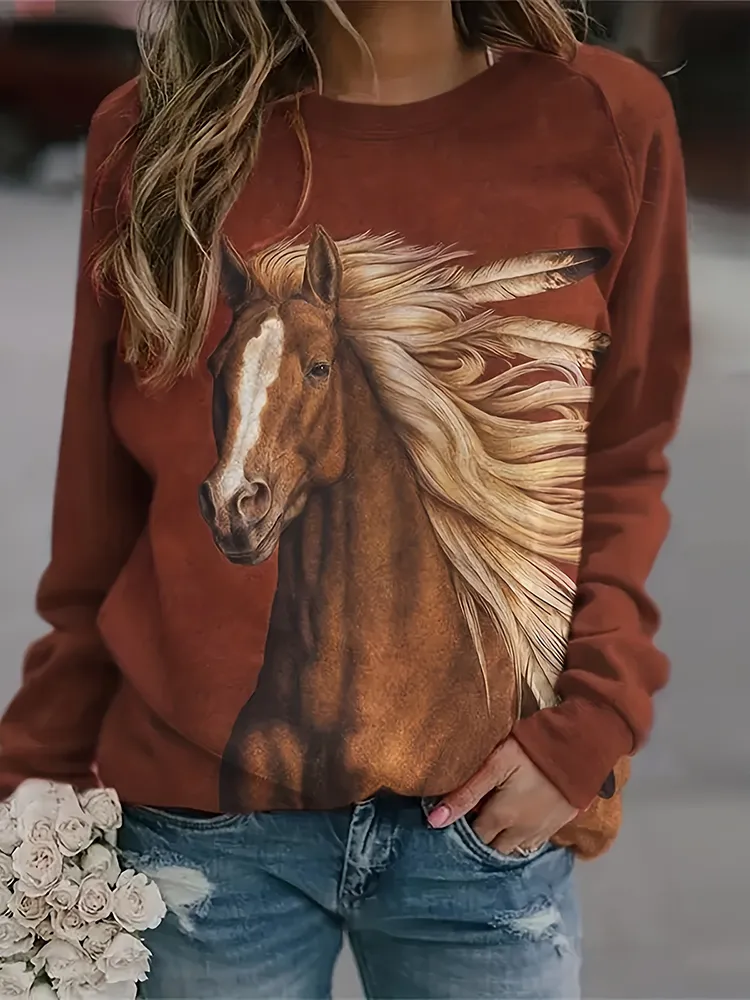 Western Horse Print Round Neck Long Sleeve Sweatshirt