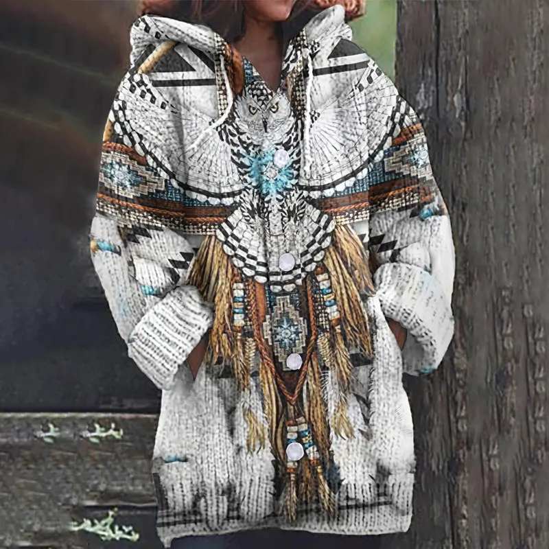 Western Vintage Eagle Tassels Gradient Cozy Hooded Cardigan