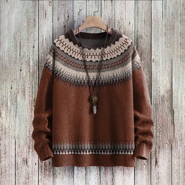 Vintage Ethnic Print Crew Neck Long Sleeve Sweater