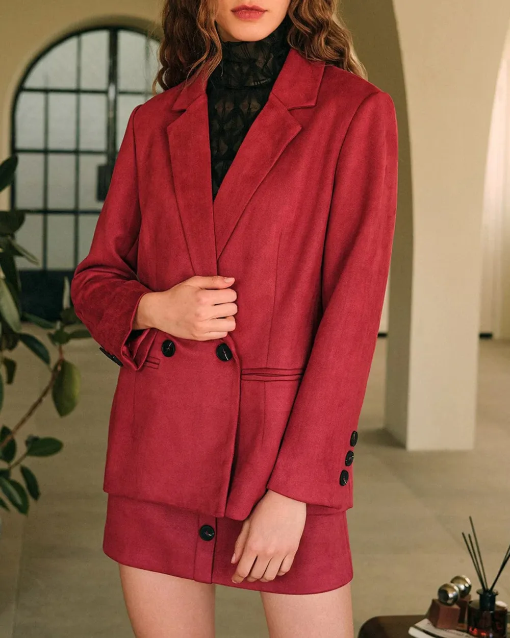 The Collared Solid Single Button Suede Blazer