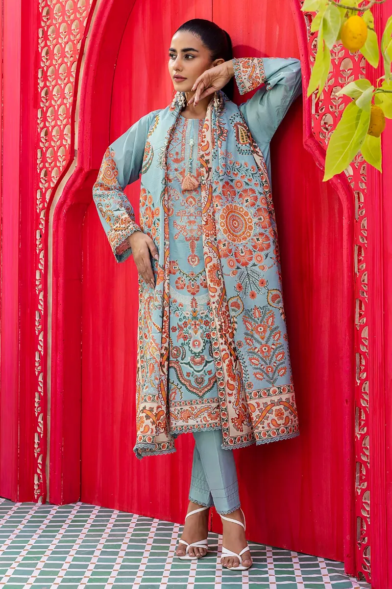 3 Piece Kurta Embroidered | Dupatta& Bottom & Tops | Color Sky blue