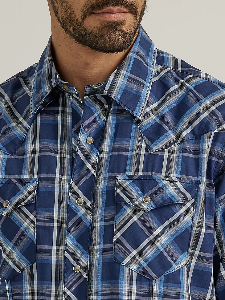 MEN'S LONG SLEEVE FASHION WESTERN SNAP PLAID SHIRT IN STRONG BLUE