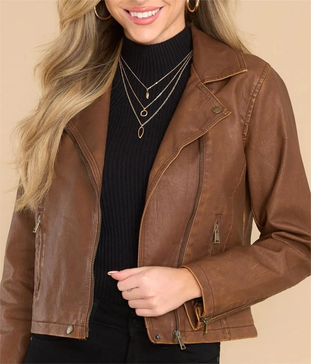 LETS RIDE BROWN FAUX LEATHER MOTO JACKET