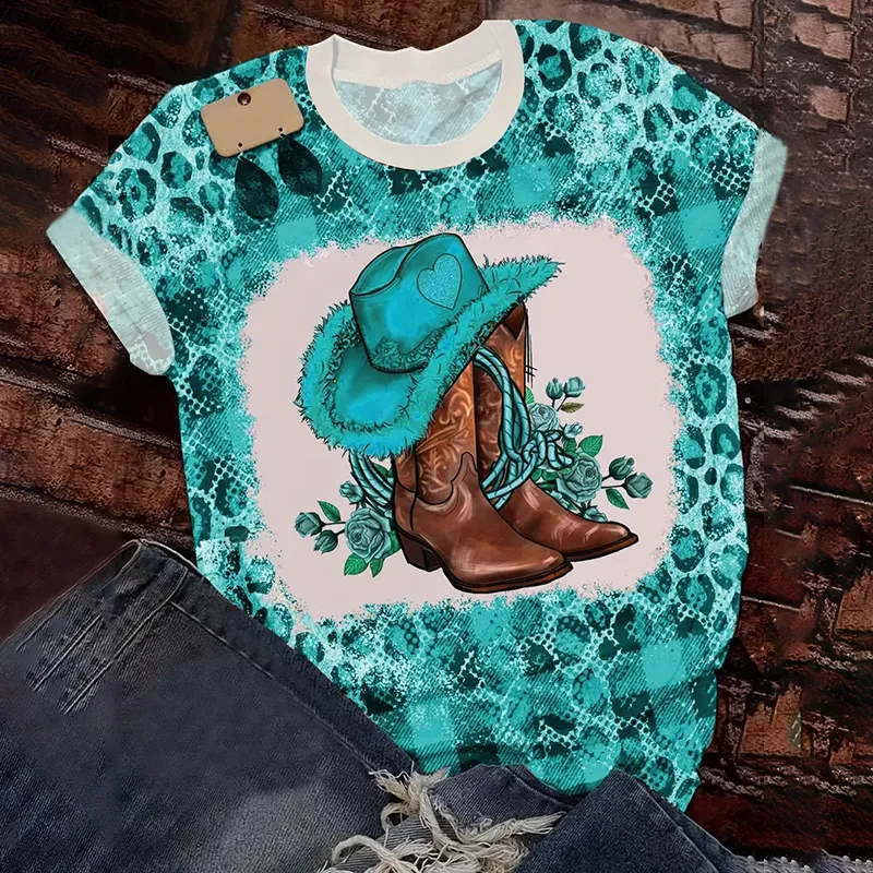 Western Cowboy Hat & Boots Print Short Sleeve T-Shirt