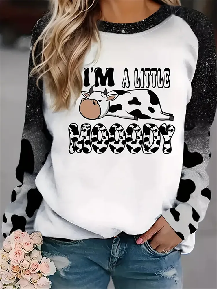 Cow & Letter Print Pullover Sweatshirt