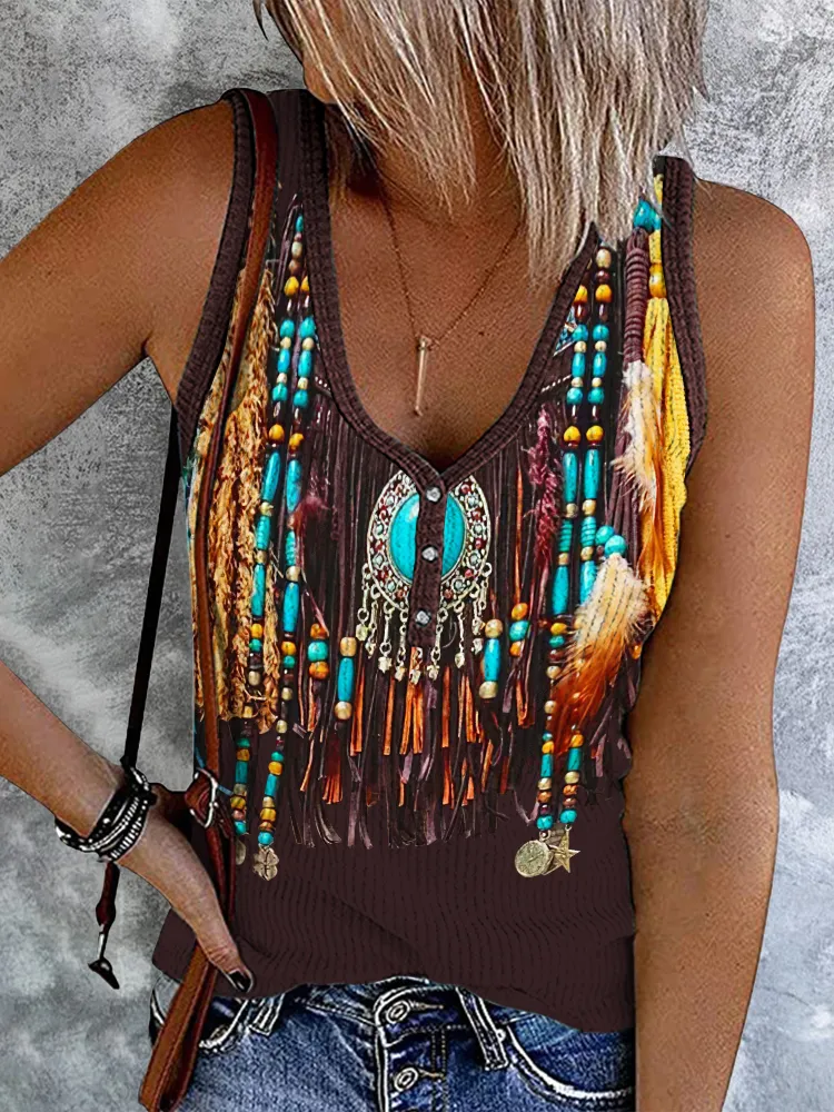 Western Tribal Tassels Button Up Tank Top