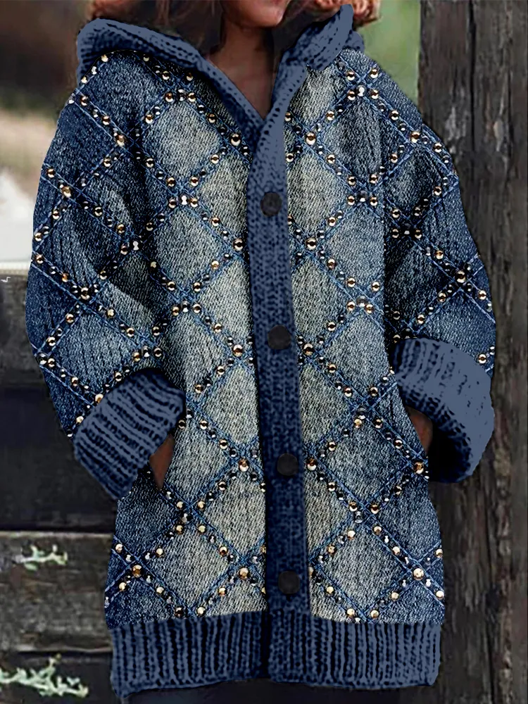 Rhinestones Geometric Denim Blue Graphic Cozy Cardigan