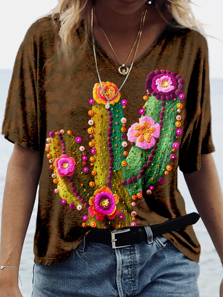 Blooming Cactus V Neck Comfy T Shirt