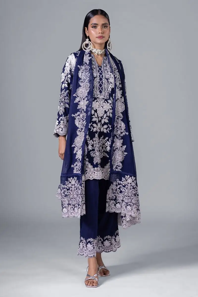 3 Piece Kurta Embroidered | Dupatta& Bottom & Tops | Color Navy blue