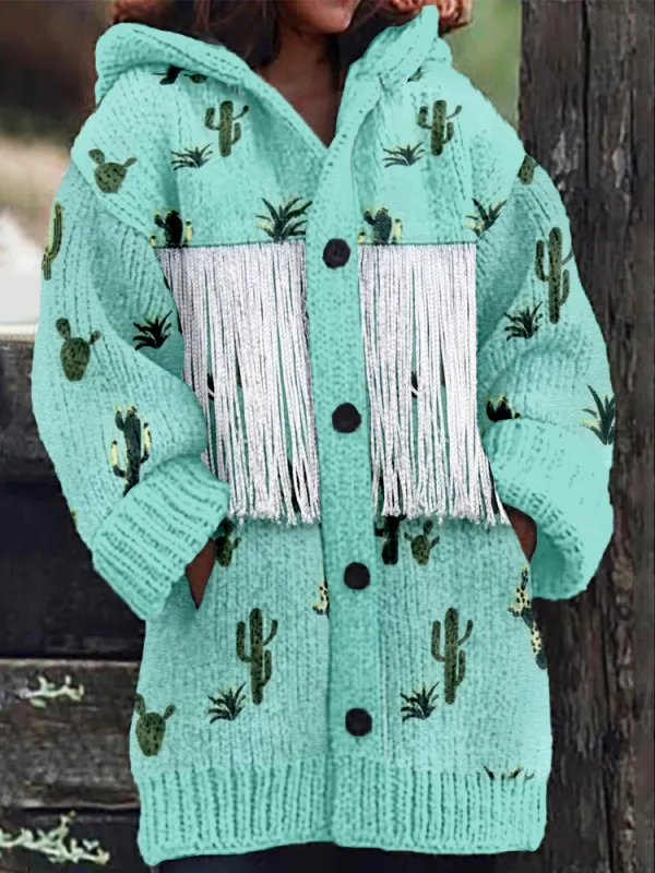 Western Cactus Fringe Art Cozy Hooded Cardigan