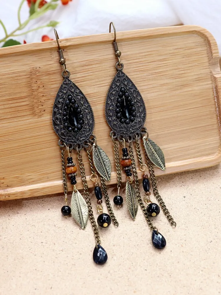 Retro Leaf Bead Tassel Water Drop Shaped Earrings