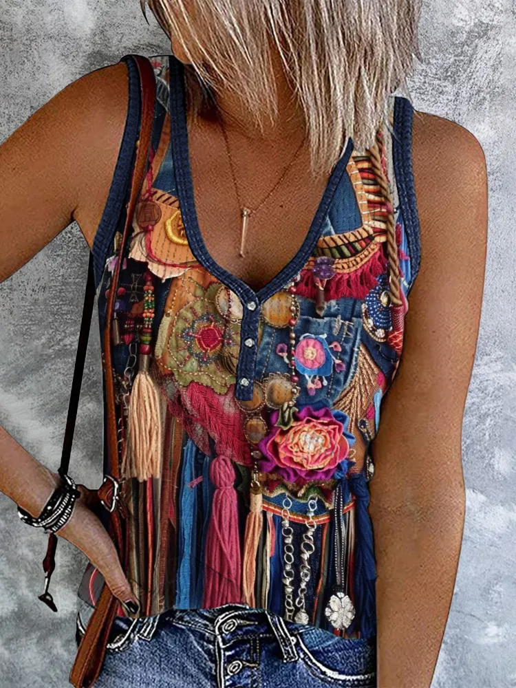 Western Tassel Patchwork Printed V-Neck Casual Tank Top