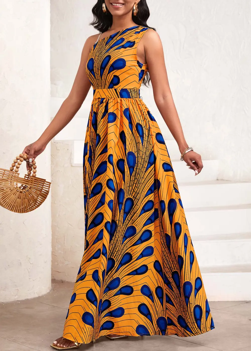 Feathers Print Asymmetry Orange Sleeveless One Shoulder Maxi Dress