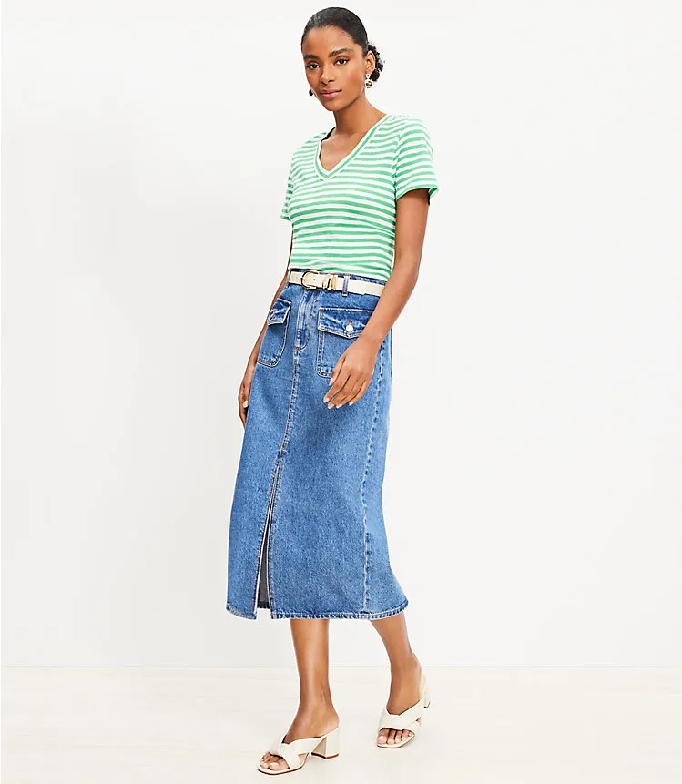 Patch Pocket Denim Midi Skirt in Classic Mid Wash