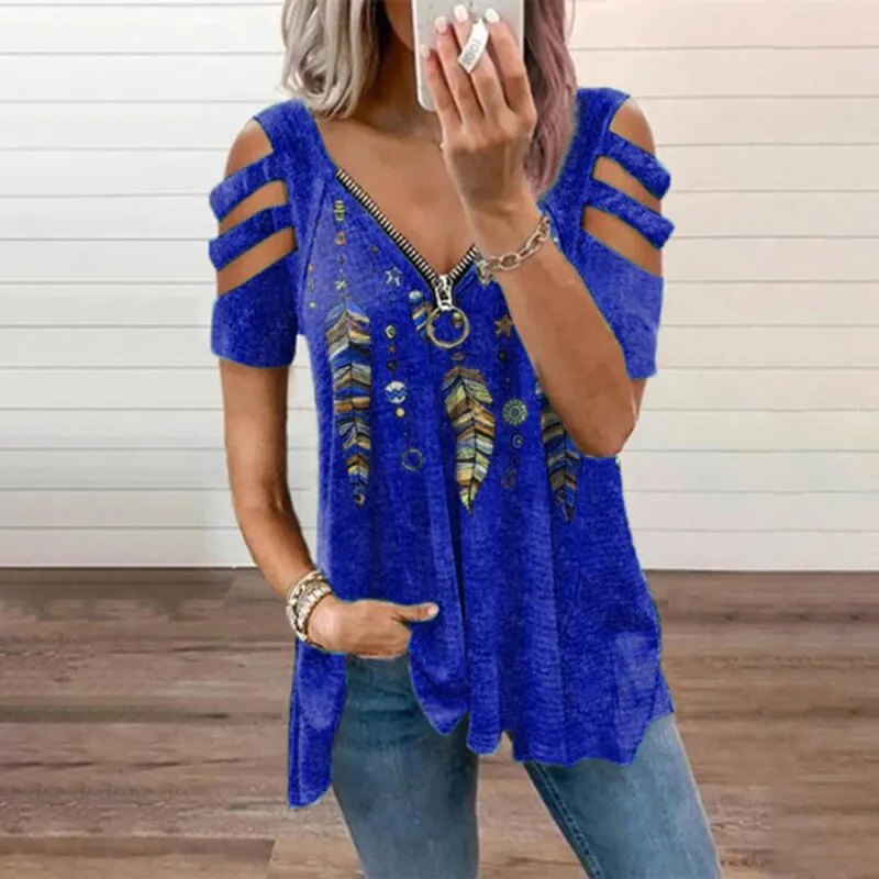 Cutout Feather Print Long Sleeve T-Shirt