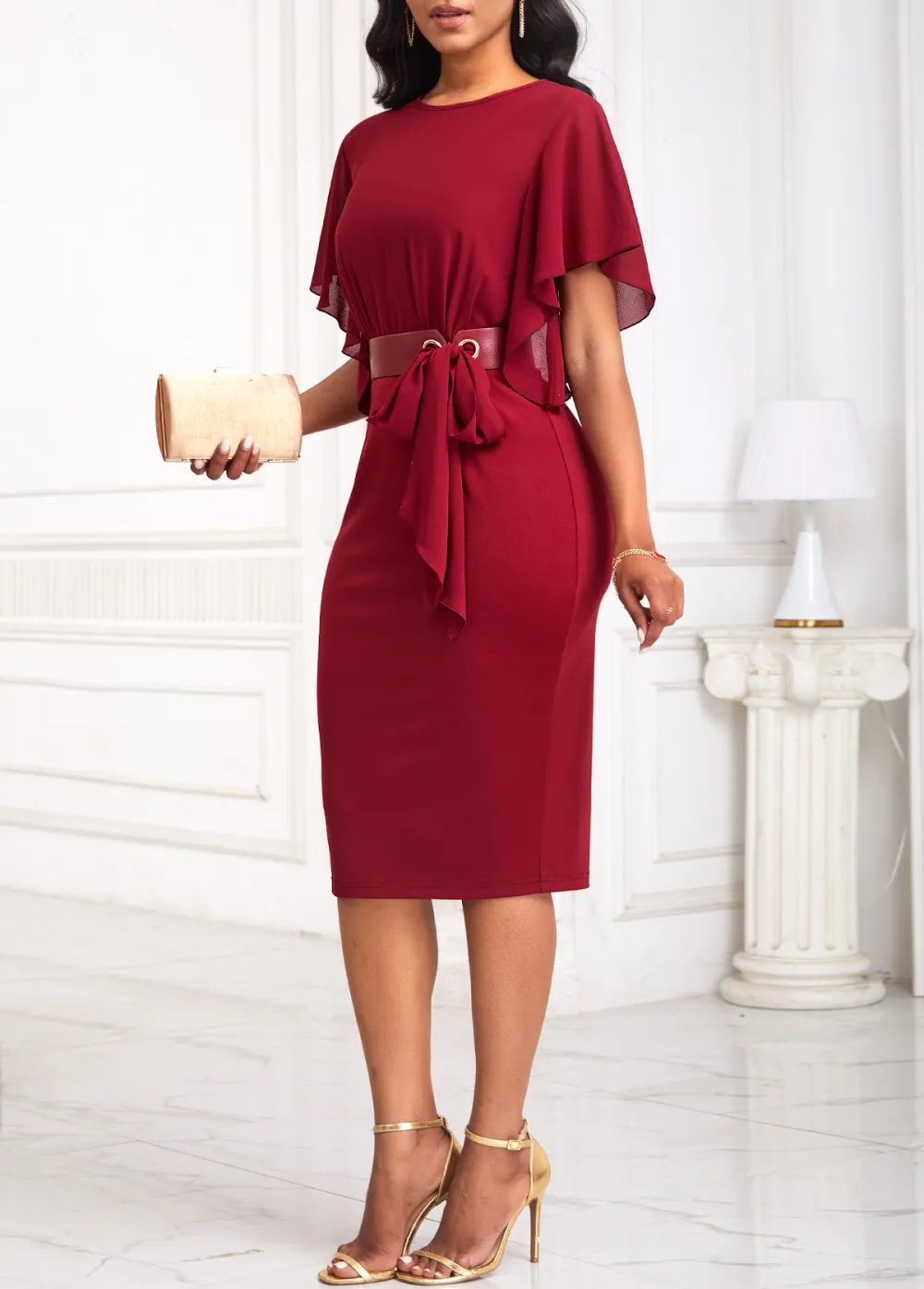 Tie Belted Wine Red Short Sleeve Bodycon Dress