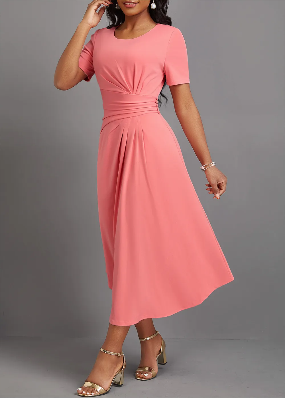 Asymmetry Pink Short Sleeve Round Neck Dress