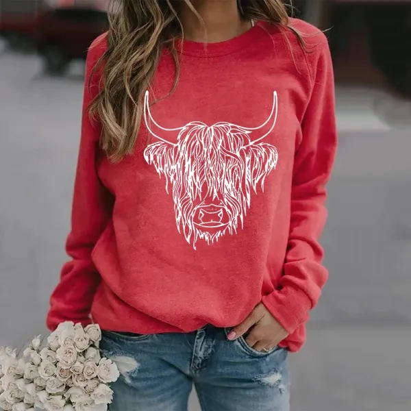 Highland Cow Printed Casual Long Sleeve Sweatshirt