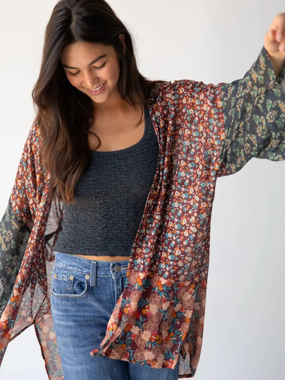 Sierra Mixed Print Kimono - Brown Teal Floral