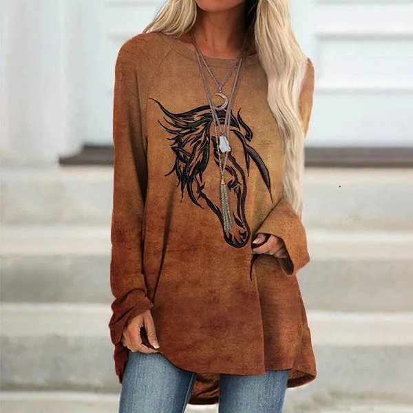 Western Animal Horse Printed Long Sleeve Tunic