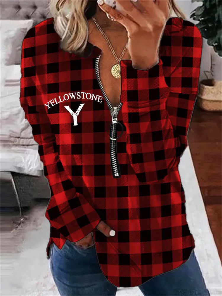 Western Logo Check Print Zip Up Sweatshirt