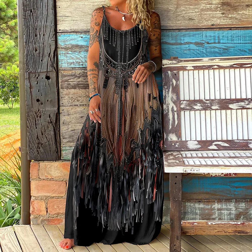 Viking Tribal Tassel Art Slip Maxi Dress