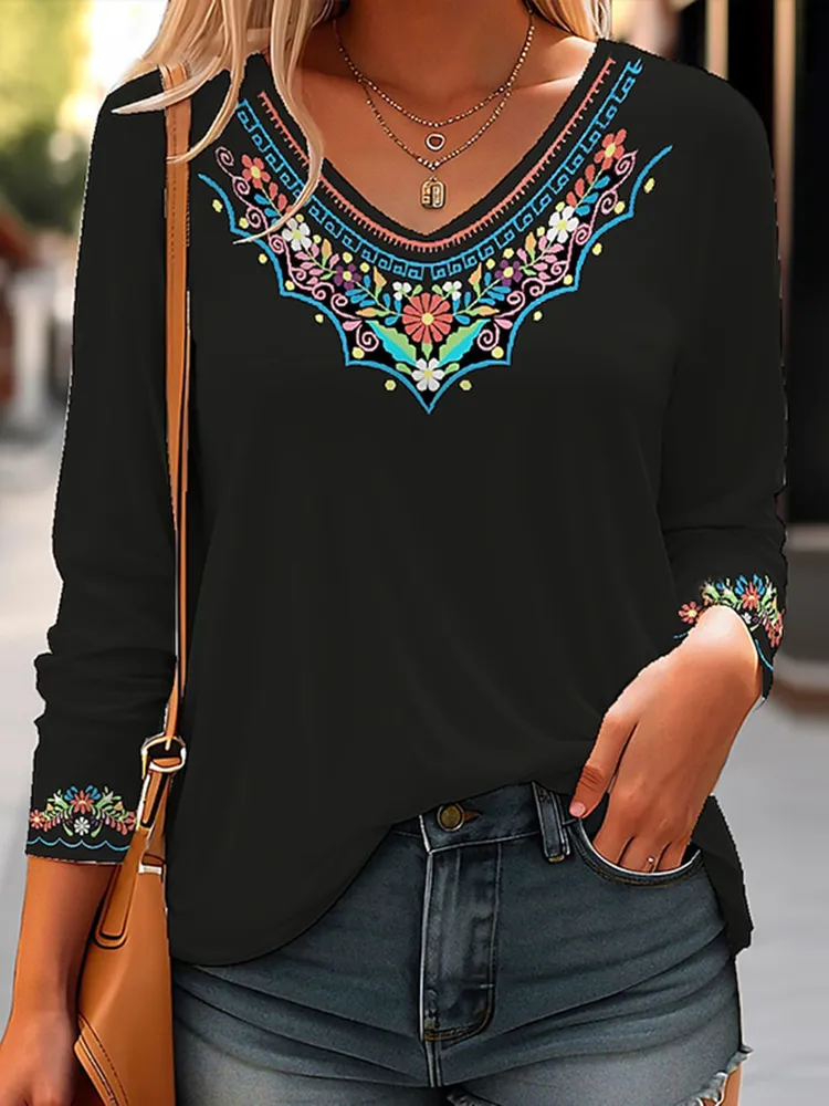 Ethnic Print V Neck Long Sleeve T-Shirt