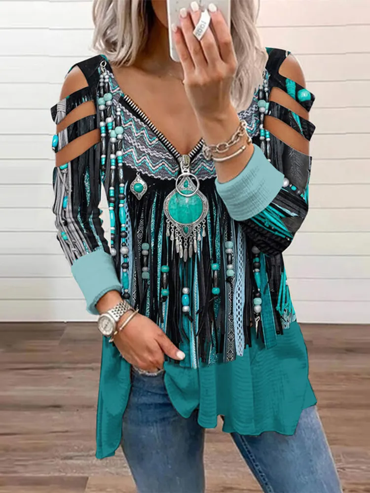 Western Fringed Print Off-The-Shoulder Long Sleeved T-Shirt