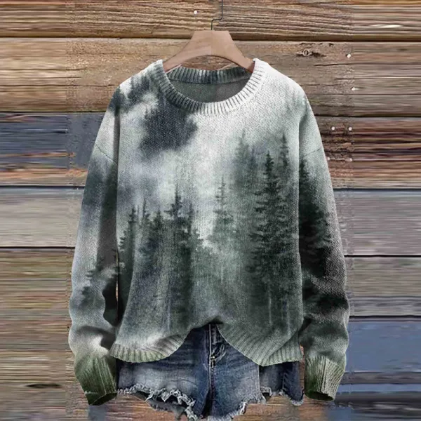 Forest Print Knitted Pullover Sweater