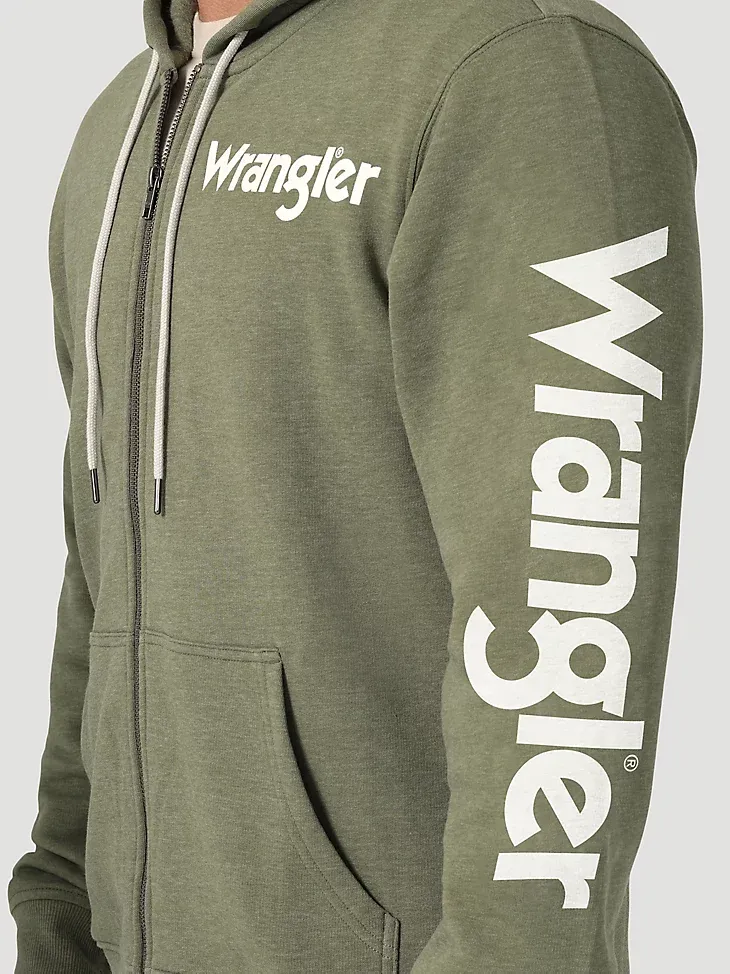 MEN'S WRANGLER LOGO SLEEVE FULL ZIP HOODIE IN LICHEN GREEN HEATHER