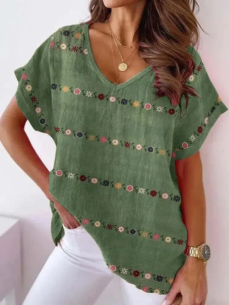 Summer Casual Floral V-Neck Women'S T-Shirt