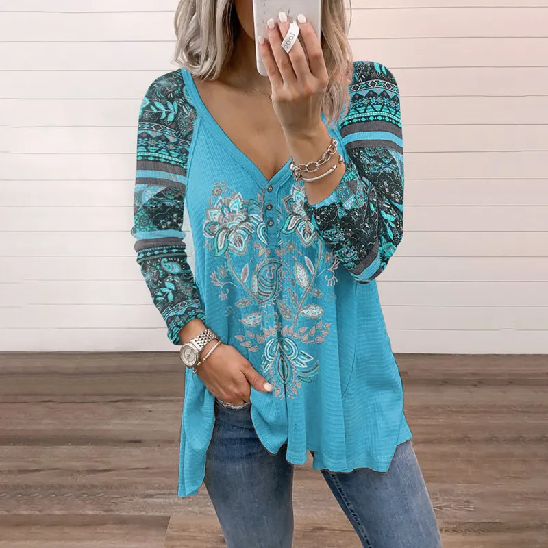 Casual Long Sleeve Printed V-Neck T-Shirt