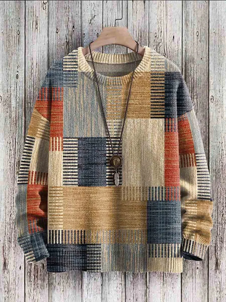 Vintage Geometric Print Crew Neck Casual Sweater