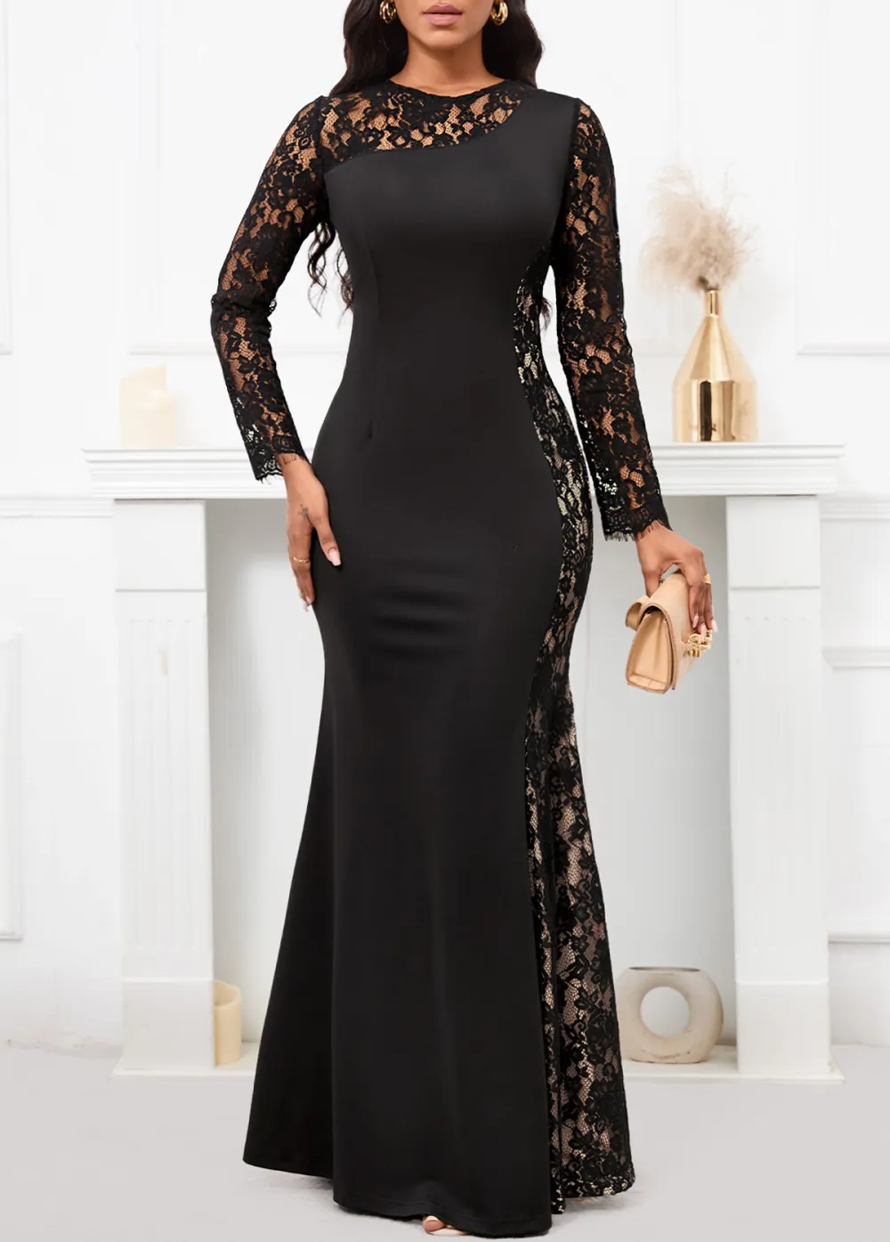 Patchwork Black Long Sleeve Round Neck Maxi Bodycon Dress