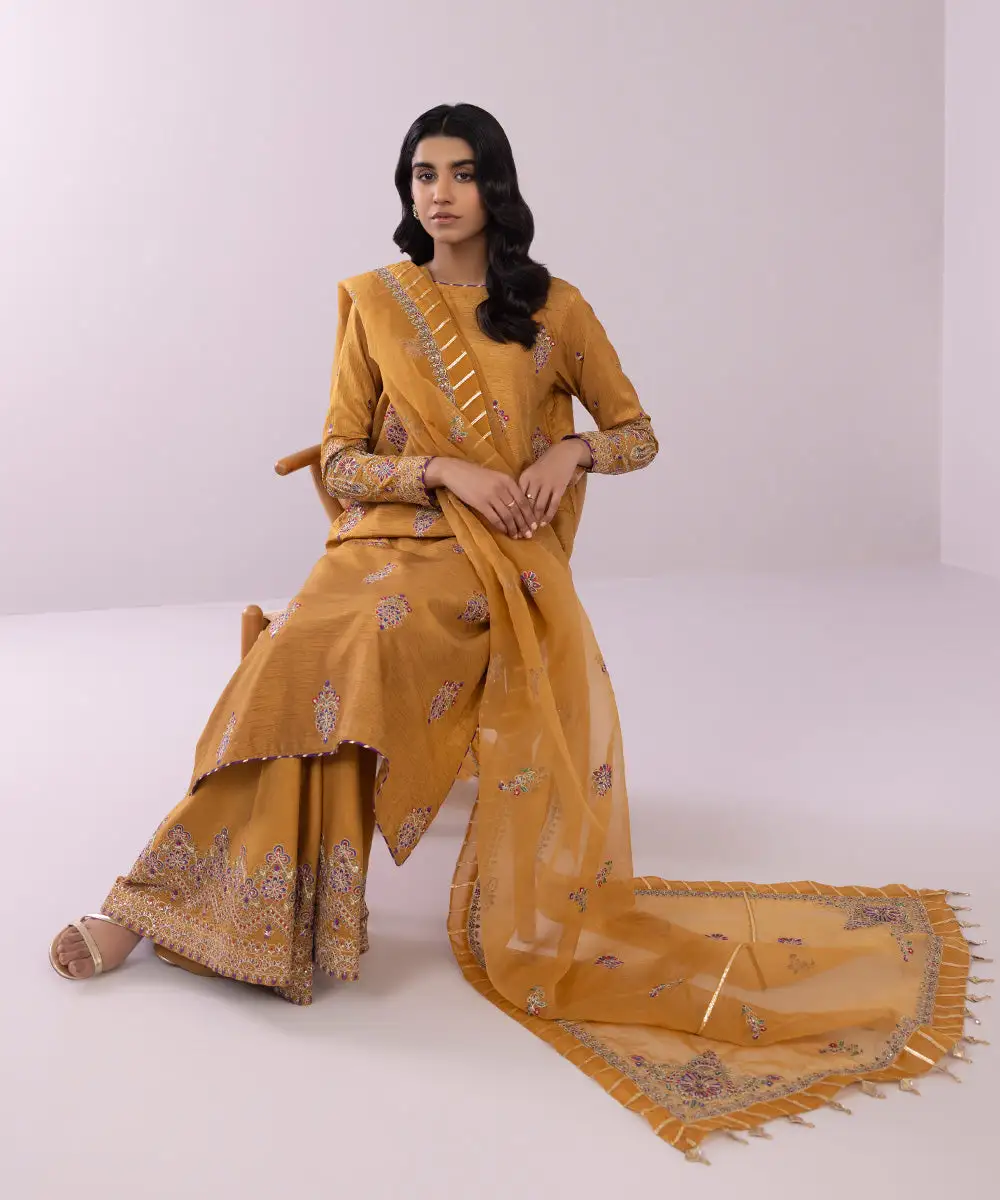 3 Piece - Embroidered Raw Silk Suit