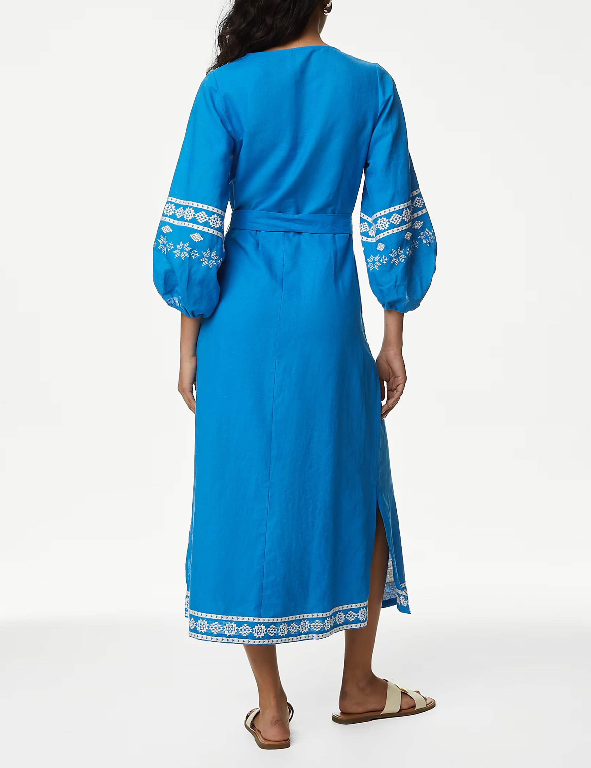 Linen Rich Embroidered V-Neck Day Dress