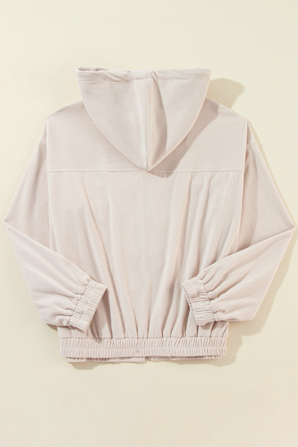 White Corduroy Drawstring Hooded Pocket Zip Up Jacket