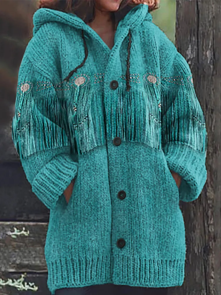 Western Fringe Print Casual Knitted Hooded Cardigan