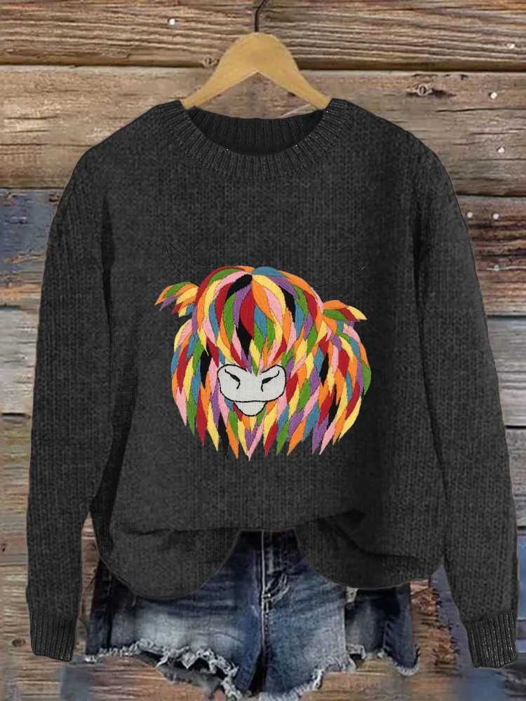 Colorful Cow Embroidery Pattern Crew Neck Sweater