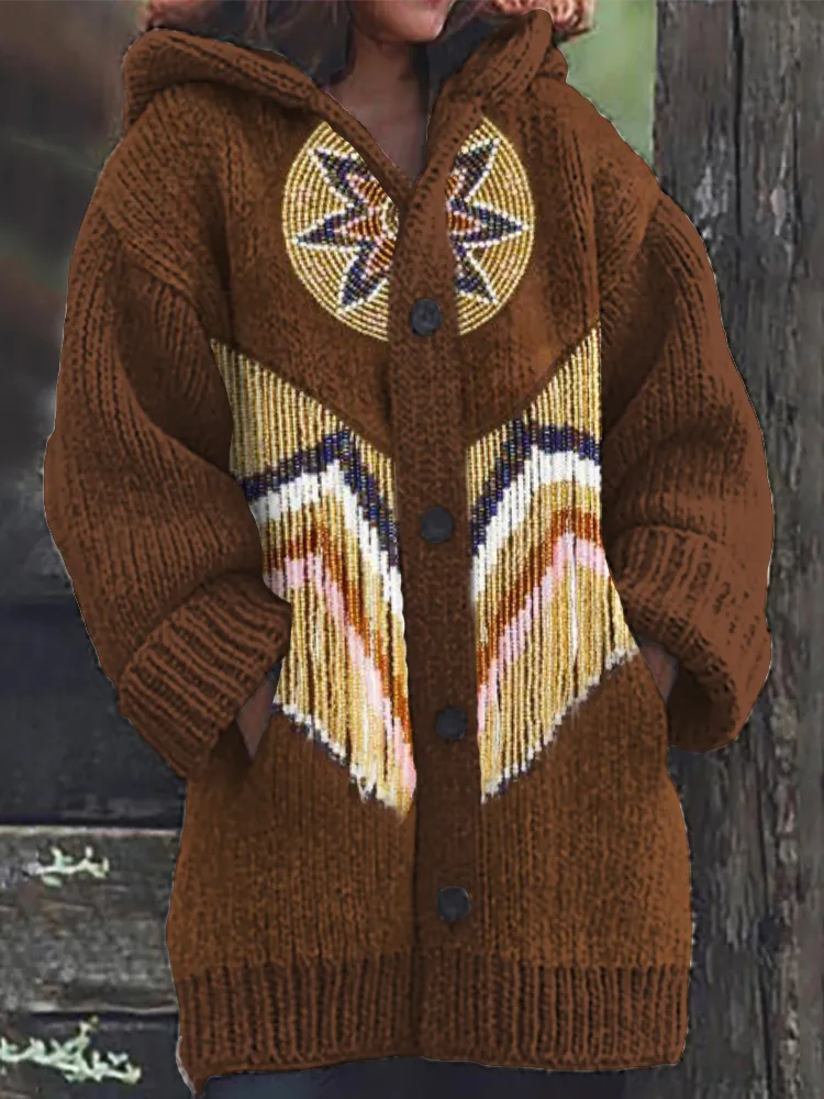 Dream Catcher Inspired Beaded Fringe Knit Hooded Cardigan