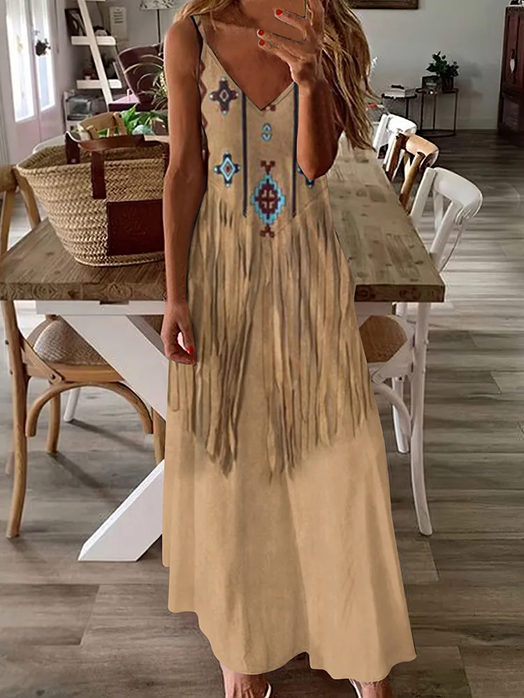 Vintage Western Fringe Print V-Neck Maxi Dress