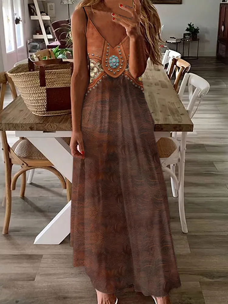 Western Tribal Print Sleeveless V Neck Maxi Dress