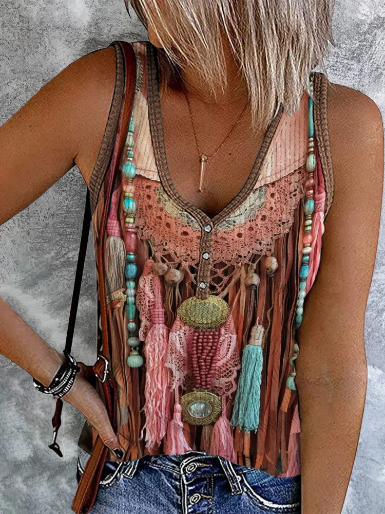 Vintage Western Tassel Printed Lace Button Tank Top