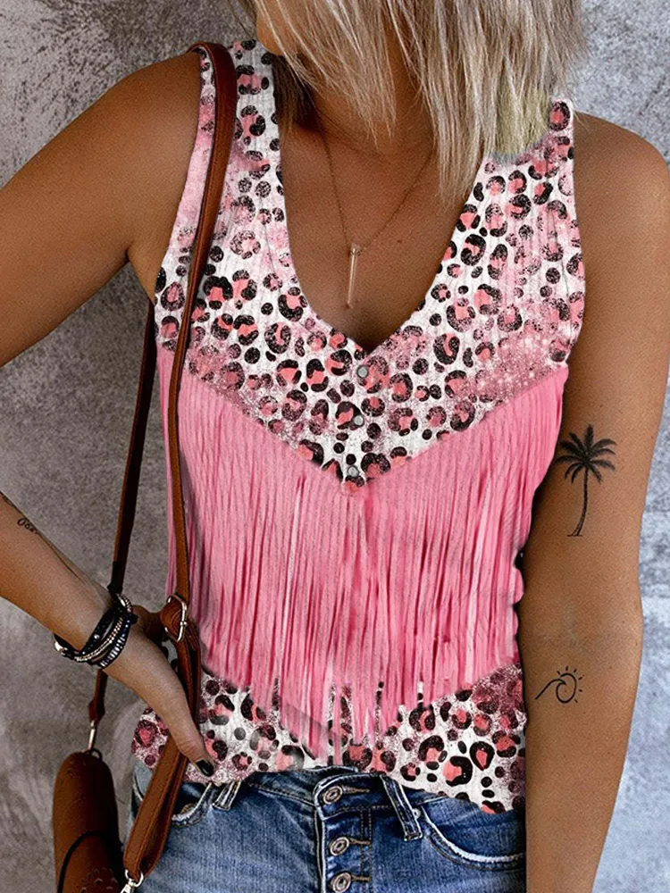 Western Tassels Leather Art Leopard Button Up Tank Top