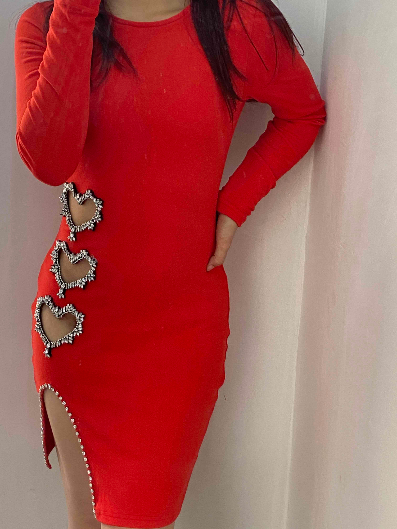 Hollow Heart Rhinestone Slit Bodycon Dress