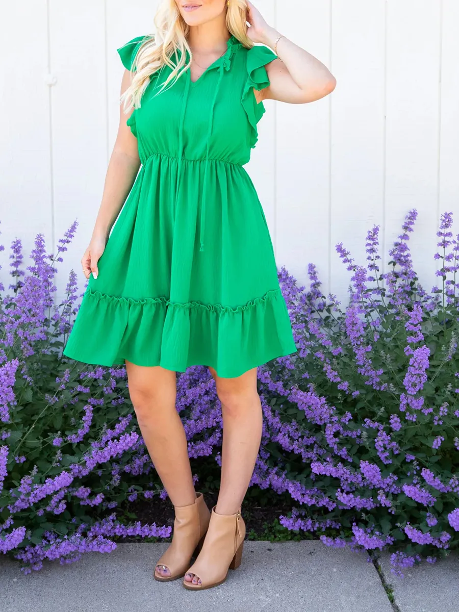 Green ruffled sleeve mini dress